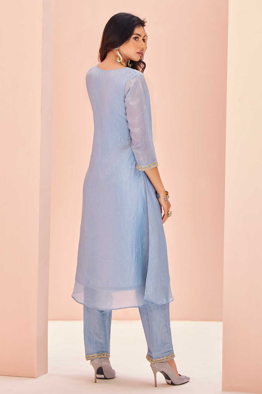 Beguiling Light Cyan Color Organza Fabric Kurti With Bottom