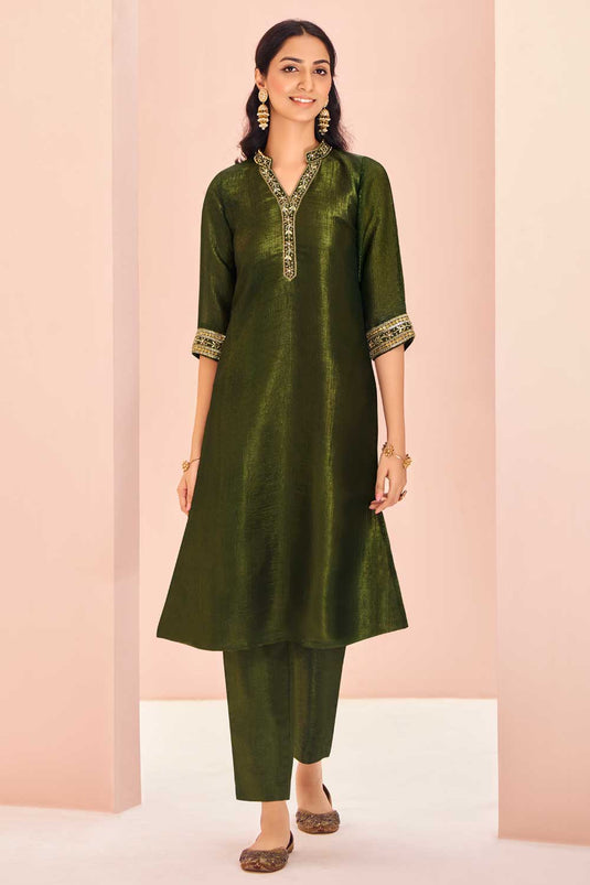 Engaging Olive Color Organza Fabric Kurti With Bottom