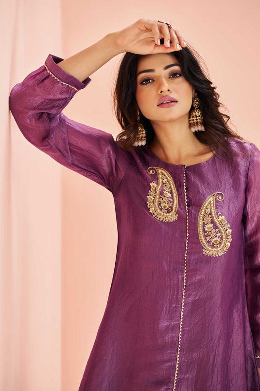 Solid Organza Fabric Kurti With Bottom In Purple Color