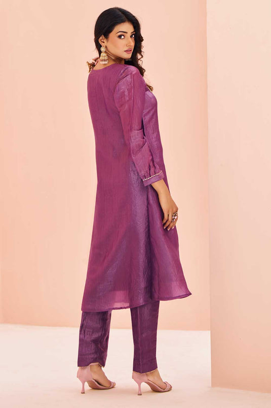 Solid Organza Fabric Kurti With Bottom In Purple Color