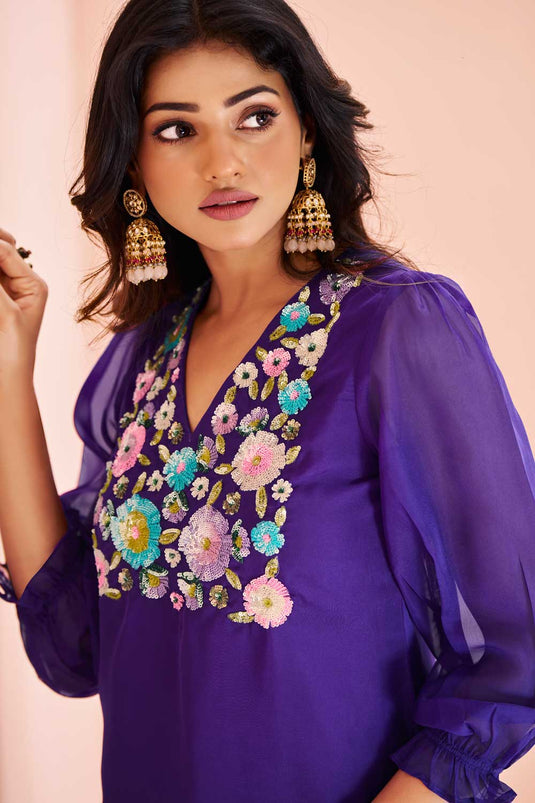 Sober Organza Fabric Purple Color Kurti With Bottom