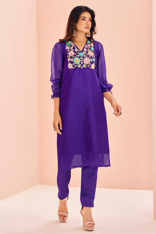 Sober Organza Fabric Purple Color Kurti With Bottom