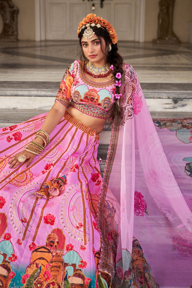 Pink Art Silk Printed Hand Work Lehenga Choli
