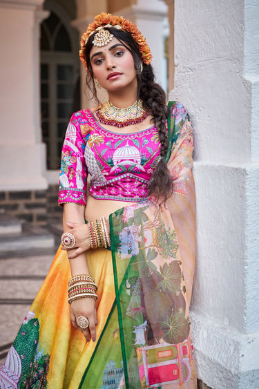 Sapphire Yellow Art Silk Printed Hand Work Wedding Lehenga Choli