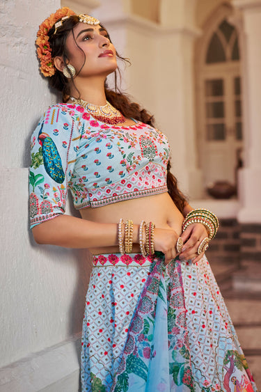 Flaming Blue Art Silk Printed Hand Work Lehenga Choli