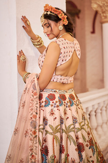 Off White Art Silk Printed Hand Work Lehenga Choli