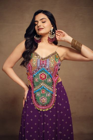 Creative Fancy Work On Purple Color Art Silk Fabric Readymade Co-Ord Set