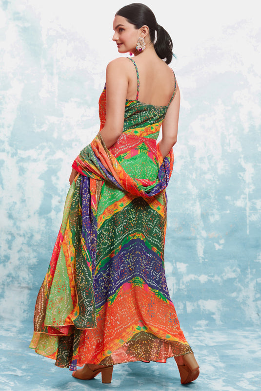 Georgette Fabric Multi Color Stylish Look Readymade Gown WIth Dupatta