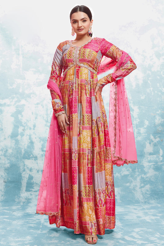 Febulous Muslin Fabric Multi Color Readymade Gown WIth Dupatta