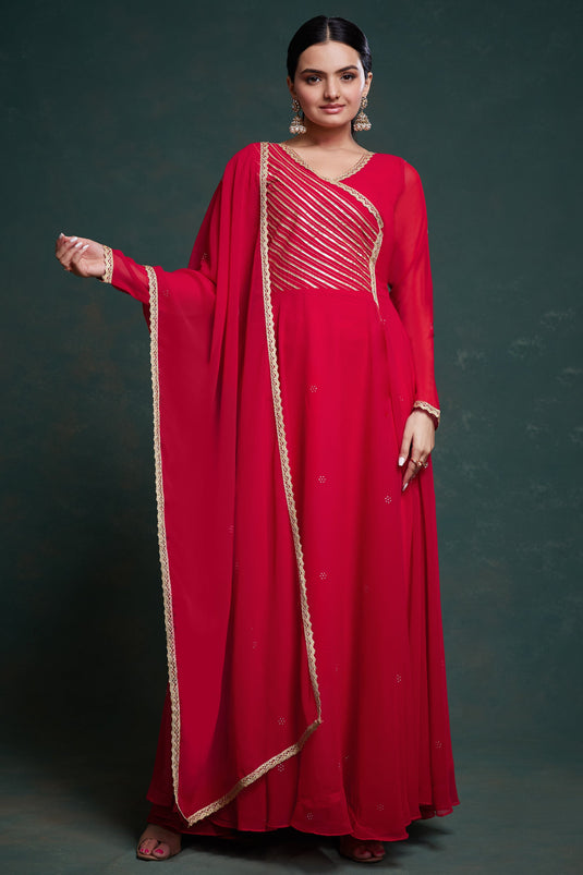 Ingenious Fancy Work Red Color Georgette Fabric Readymade Gown With Dupatta