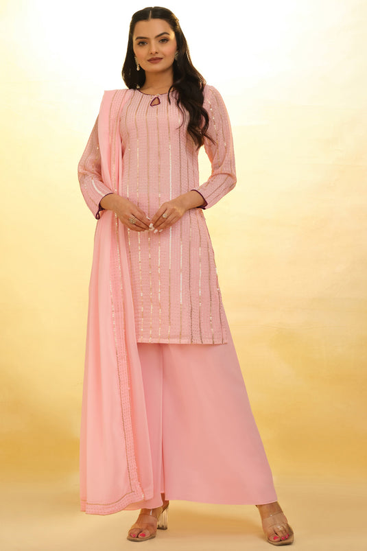 Ingenious Embroidered Peach Color Georgette Readymade Salwar Suit