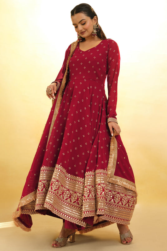 Fashionable Maroon Color Embroidered Georgette Readymade Salwar Suit