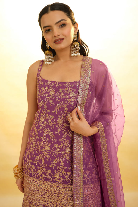 Lavender Color Gorgeous Embroidered Georgette Readymade Salwar Suit