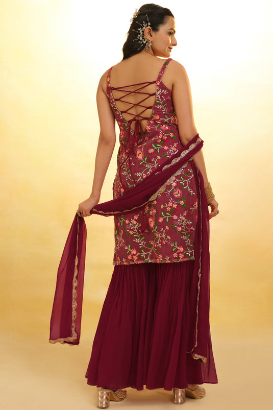 Burgundy Color Glorious Embroidered Net Readymade Salwar Suit