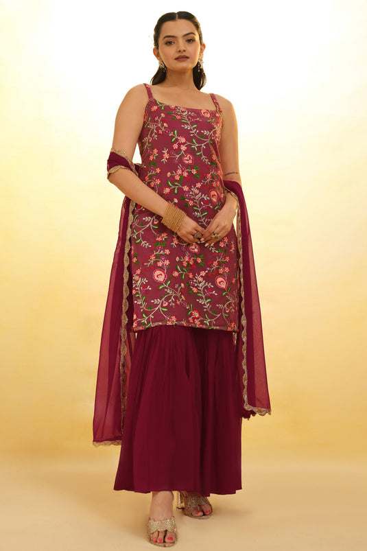 Burgundy Color Glorious Embroidered Net Readymade Salwar Suit