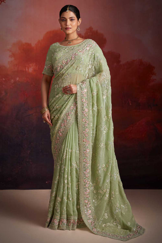 Organza Fabric Sea Green Color Beatific Look Sequins Work Saree