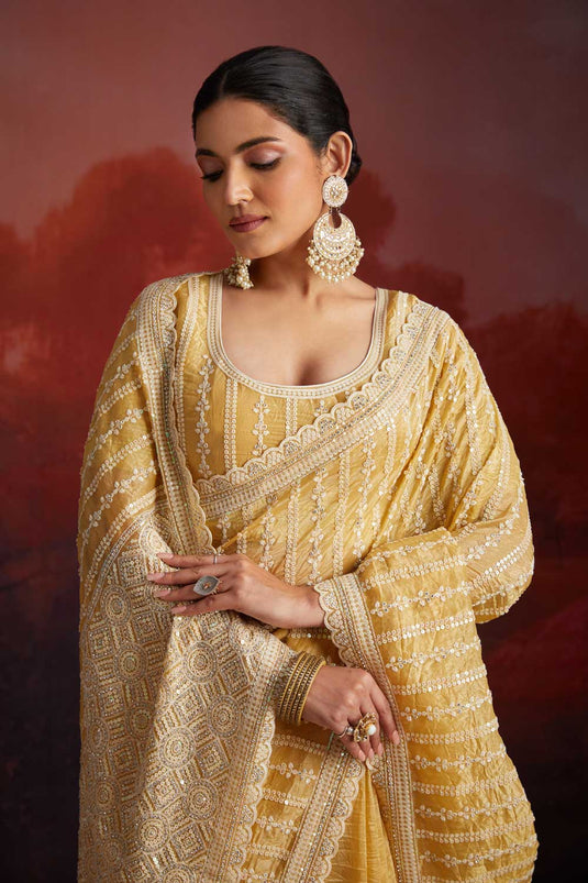 Organza Fabric Captivating Mustard Color Sequins Work Saree