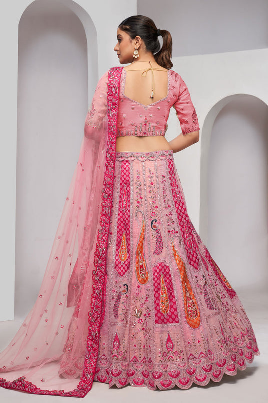 Silk Fabric Pink Color Riveting Lehenga With Sequins Work