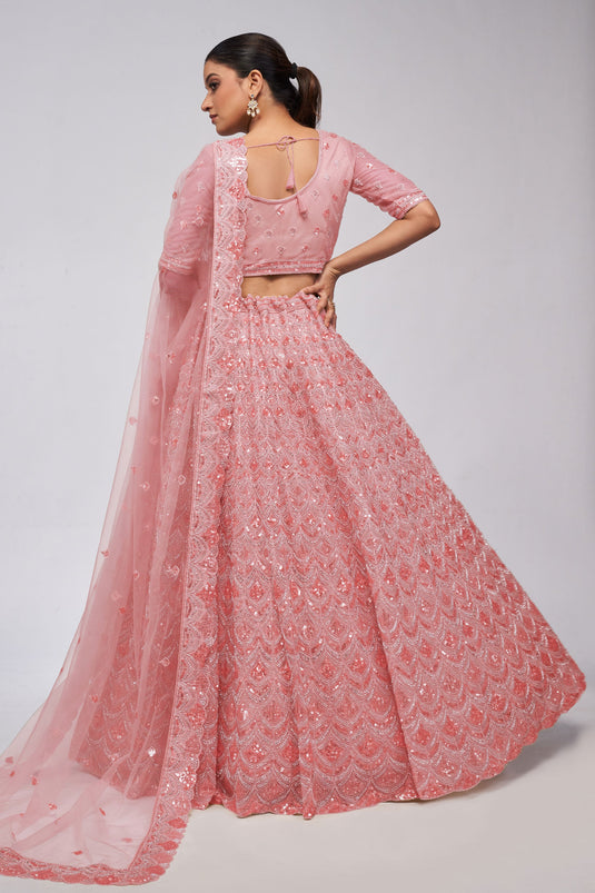 Net Fabric Pink Color Patterned Lehenga With Sequins Work