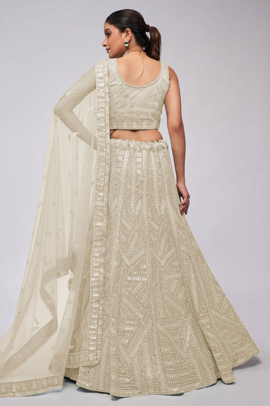 Beige Color Net Fabric Engaging Lehenga With Sequins Work