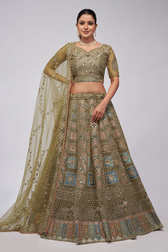 Sequins Work On Olive Color Sober Lehenga In Net Fabric