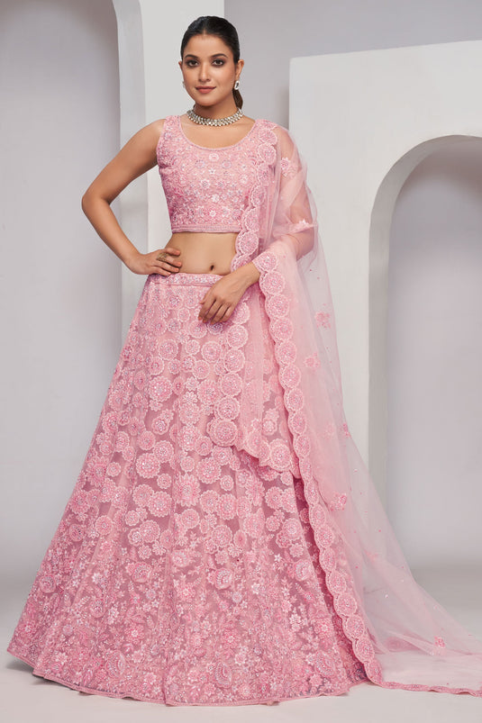 Excellent Net Fabric Pink Color Lehenga With Sequins Work