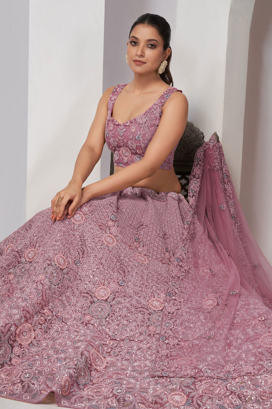 Beguiling Sequins Work On Lavender Color Net Fabric Lehenga