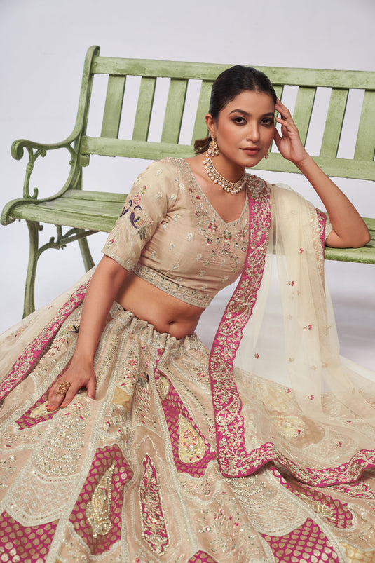 Sequins Work On Silk Fabric Beige Color Gorgeous Lehenga