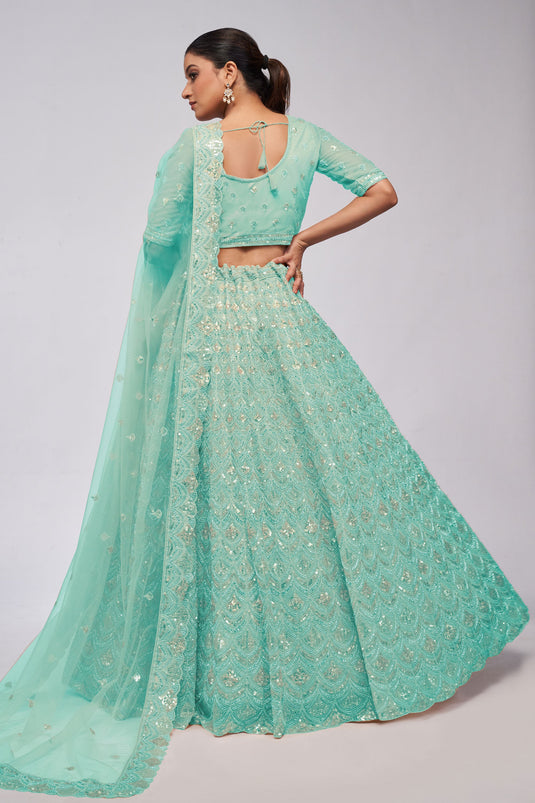 Graceful Net Fabric Sea Green Color Lehenga With Sequins Work