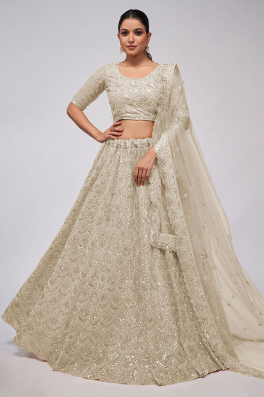 Engaging Off White Color Net Fabric Lehenga With Sequins Work