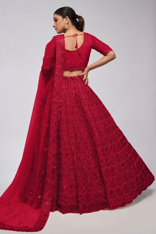 Classic Sequins Work On Red Color Lehenga In Net Fabric