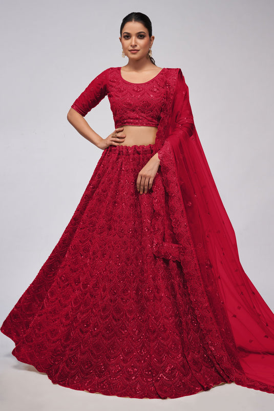 Classic Sequins Work On Red Color Lehenga In Net Fabric
