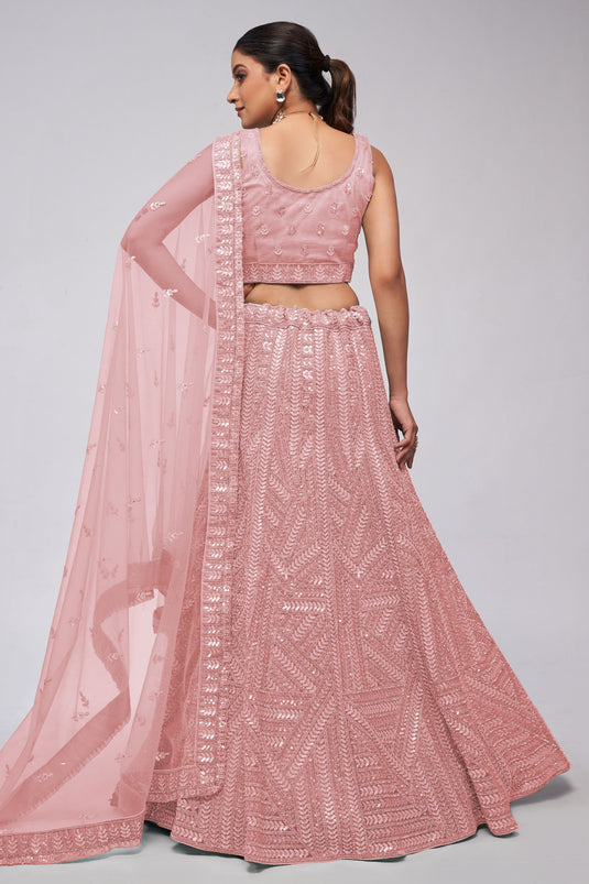 Net Fabric Pink Color Lehenga With Winsome Sequins Work