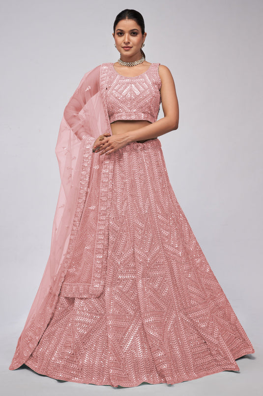 Net Fabric Pink Color Lehenga With Winsome Sequins Work