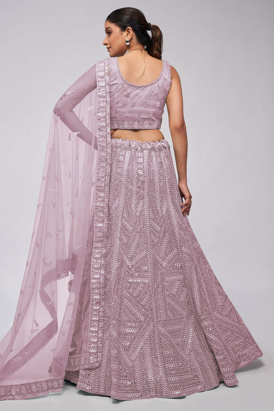 Creative Sequins Work On Lehenga In Lavender Color Net Fabric