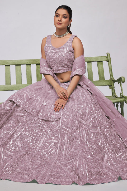 Creative Sequins Work On Lehenga In Lavender Color Net Fabric