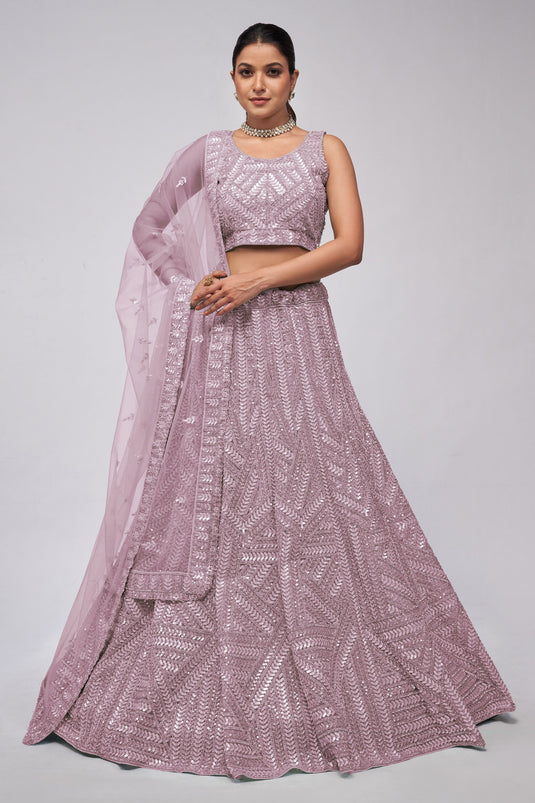 Creative Sequins Work On Lehenga In Lavender Color Net Fabric
