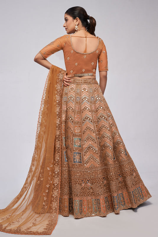 Solid Net Fabric Sequins Work On Lehenga In Brown Color