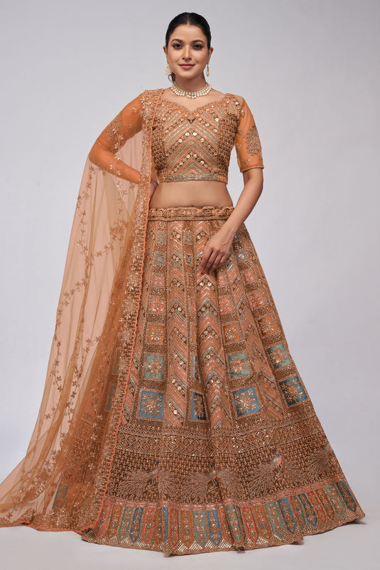 Solid Net Fabric Sequins Work On Lehenga In Brown Color