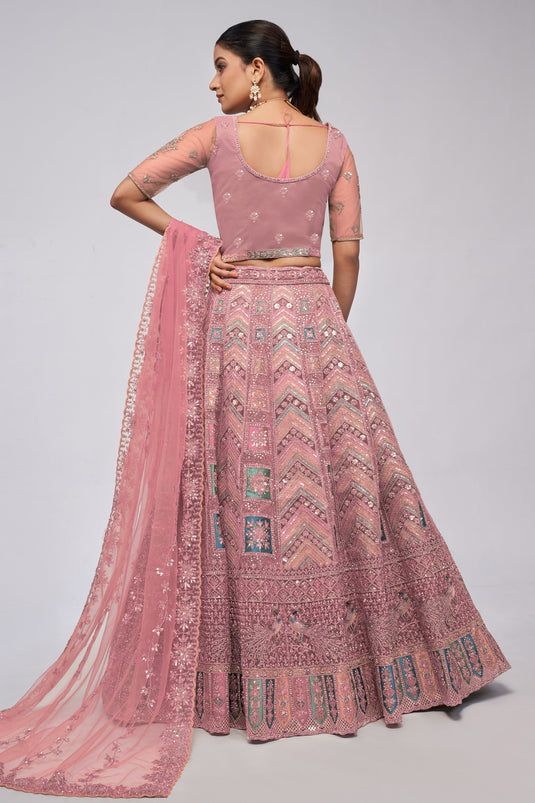 Sober Pink Color Net Fabric Lehenga With Sequins Work