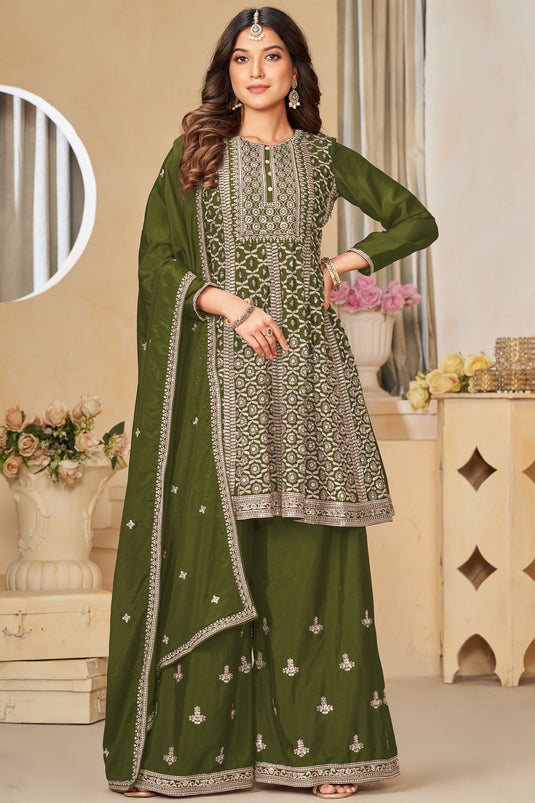 Green Color Fascinating Embroidered Chinon Fabric Palazzo Suit