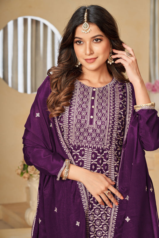 Purple Color Gorgeous Embroidered Chinon Fabric Palazzo Suit