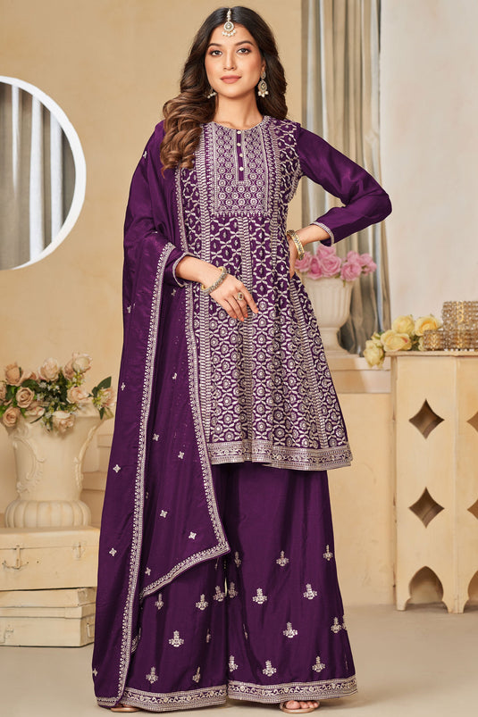Purple Color Gorgeous Embroidered Chinon Fabric Palazzo Suit