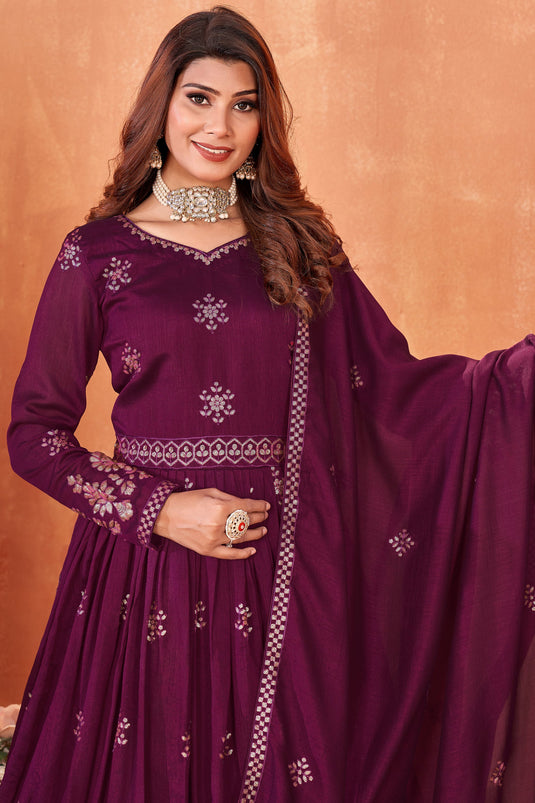 Gorgeous Art Silk Anarkali Suit For Function In Wine Color
