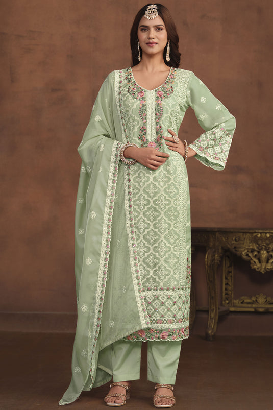 Sea Green Color Organza Fabric Beautiful Festive Wear Salwar Suit With Embroidered Work