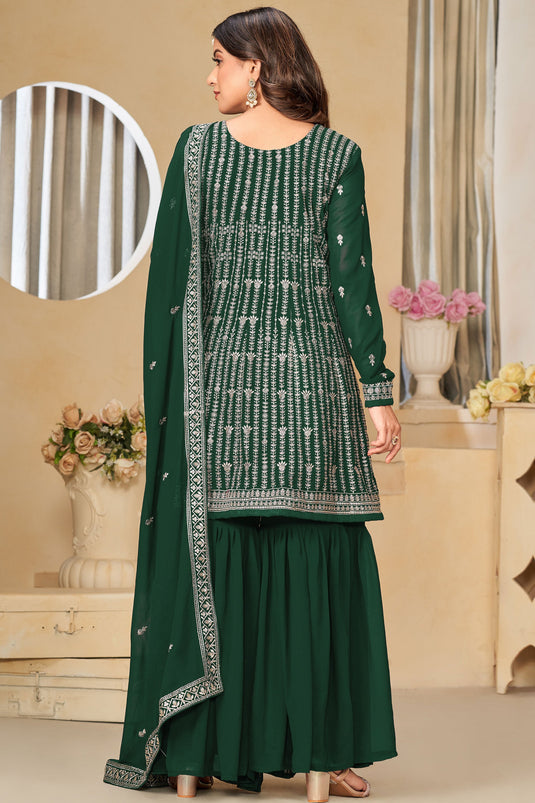 Amazing Dark Green Color Georgette Fabric Palazzo Suit With Embroidered Work