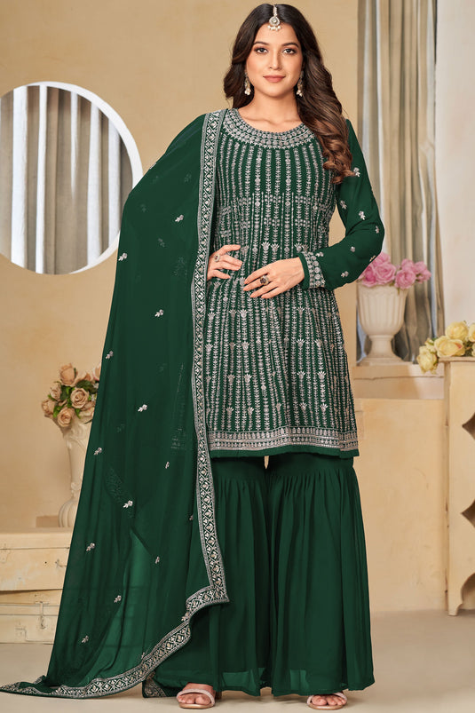 Amazing Dark Green Color Georgette Fabric Palazzo Suit With Embroidered Work