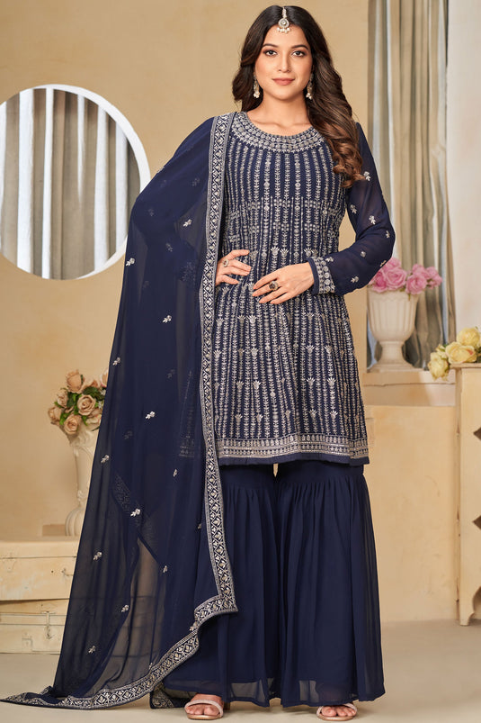 Embroidered Work Navy Blue Color Georgette Fabric Beauteous Palazzo Suit