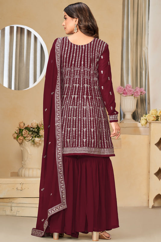 Sober Maroon Color Georgette Fabric Palazzo Suit With Embroidered Work