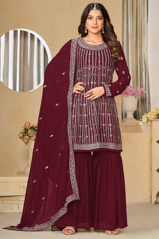 Sober Maroon Color Georgette Fabric Palazzo Suit With Embroidered Work